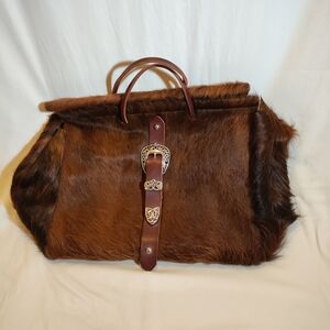 Western Style Brown Pony Hair Tote Bag with Leather Handles